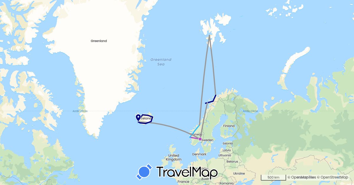 TravelMap itinerary: driving, plane, train, boat in Iceland, Norway (Europe)